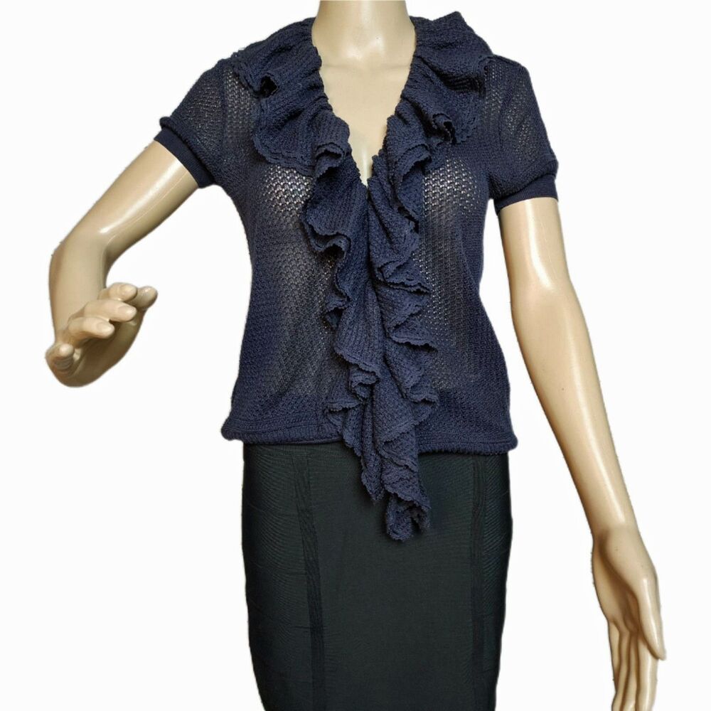 Vintage Ralph Lauren Cotton Silk Open Knit Ruffle Cardigan Top Navy Blue Small